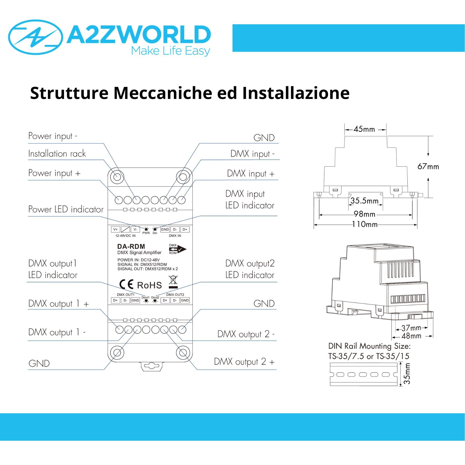 Amplificateur de signal DMX512 RDM, 1 entrée 2 sorties, isolation optique, alimentation 12-48 V DC, répéteur et distributeur de signal DMX, guide DIN, DA-RDM