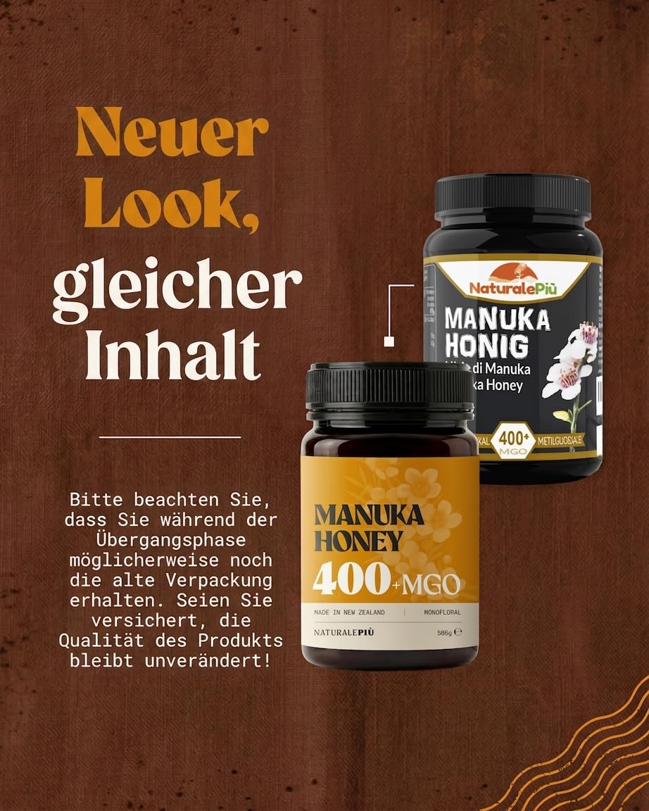 NaturalePiù Manuka Honig 400+MGO Laborgeprüft Neuseeland | 500g. Manuka-Honig aus Neuseeland, laborgeprüft auf Methylglyoxal, für Tee, Toast und Joghurt.