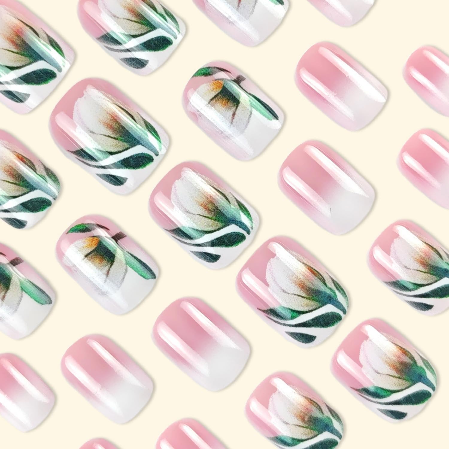 Flower Short Square Press on Nails Fake Nails French Tip Full Cover Pink White Gradient Acrylic Nails Glossy Reusable Stick on Nails Gel Glue on Nails for Women Girls 24 Pcs (Pink-8, P-8)