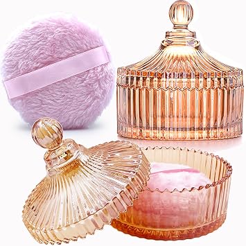 4.3 Inch Fluffy Body Powder Puff & 5.3 Inch Glass Jar Set,Large Dusting Powder Container with Puff,Multi-purpose Storage Holder Dish,Classic Decor for Bedroom,Bathroom,HomeAmber