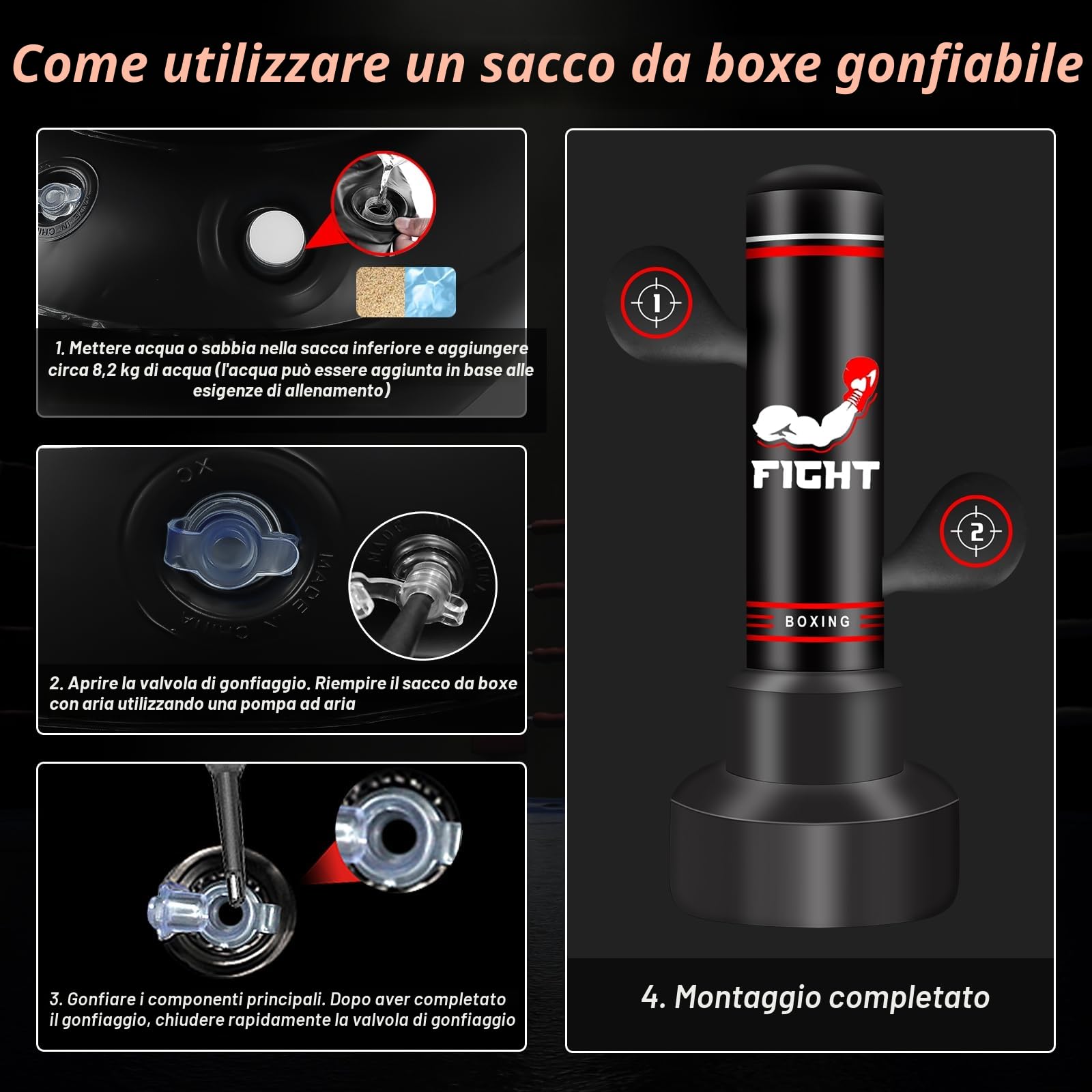 NZQXJXZ Sacco da Boxe da Terra per Adulti, 180cm Sacco da Boxe Autoportante con Guantoni da Boxe, Pompa, Corda per Saltare e Palla per Riflessi, Sacco da Box Gonfiabile per Allenamento MMA Fitness