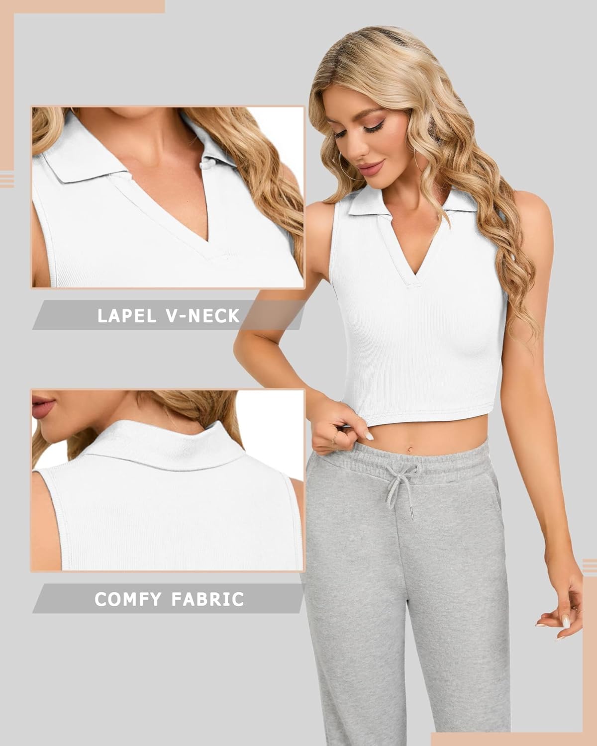 CLOZOZ Womens Tank Tops Polo Crop Top V Neck Ribbed Sleeveless Tops Collar Shirts Womens Crop Tops Polo Cropped Tank Trendy - Image 4