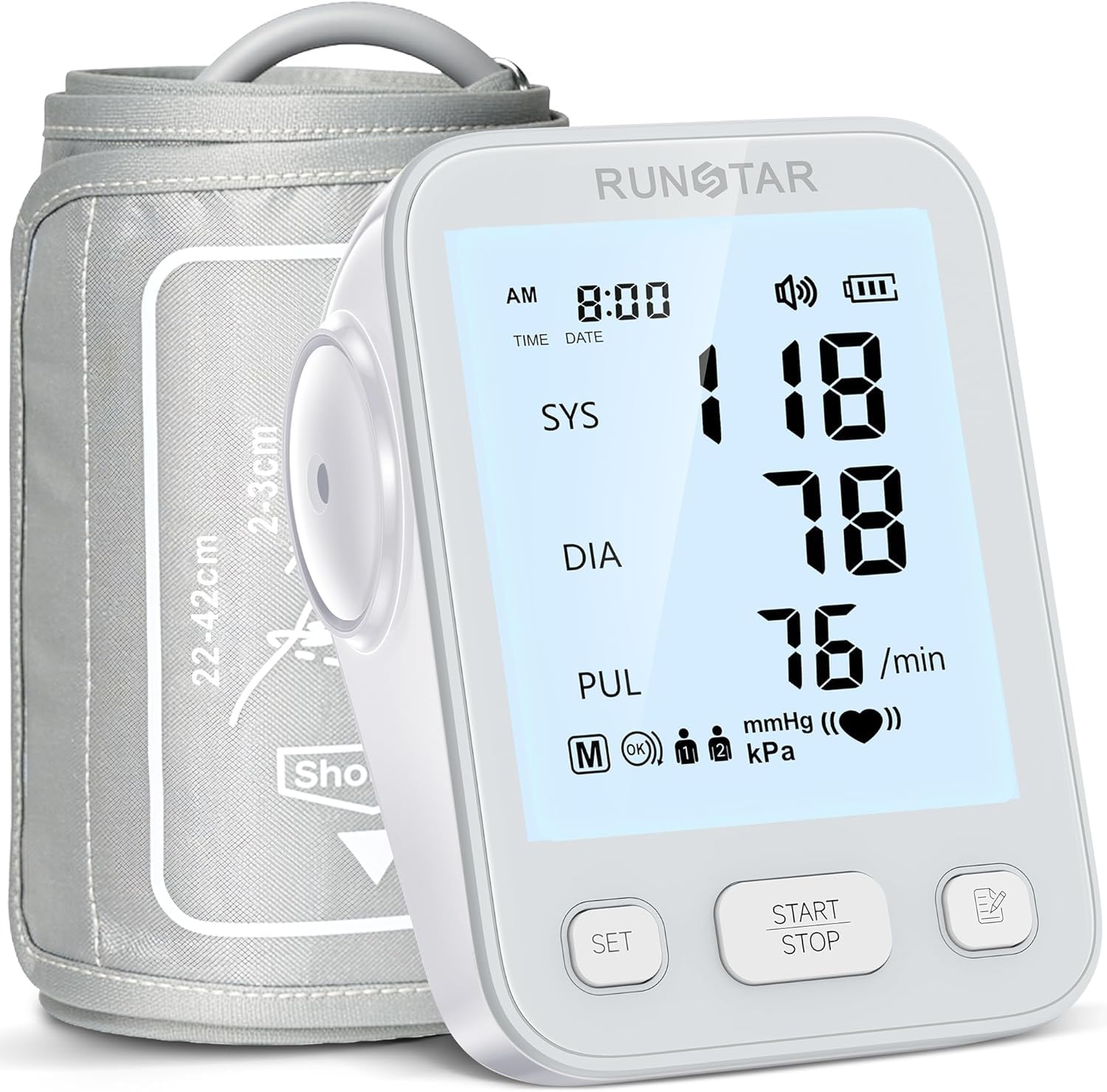 RunStar Upper Arm Blood Pressure Monitor with Wide Cuff ⟮22 cm - 42 cm⟯ for Home Use, Automatic Digital Blood Pressure Monitor with Storage Bag, 2 x 99 Reading Memory, Grey