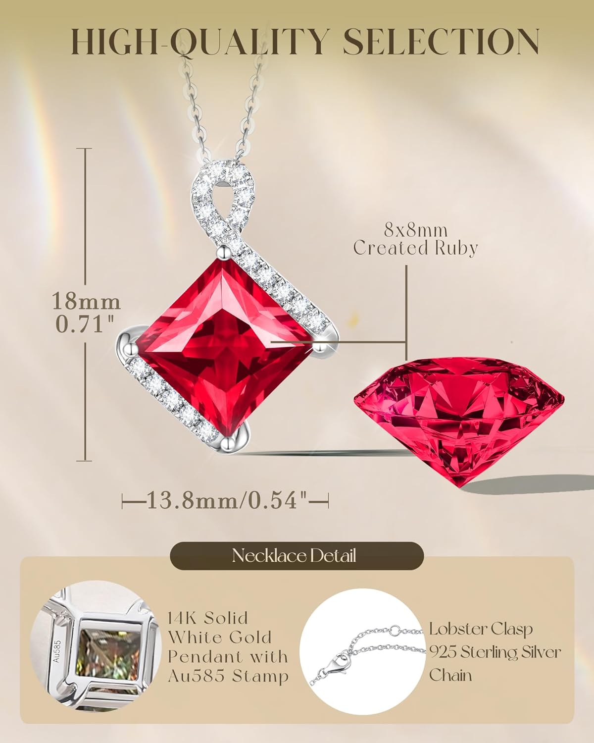 FANCIME Oris 14K Solid White Gold Pendant with Sterling Silver Chain Square Birthstone Gemstone Fine Jewelry Birthday Anniversary Valentines Day Gifts for Women Her