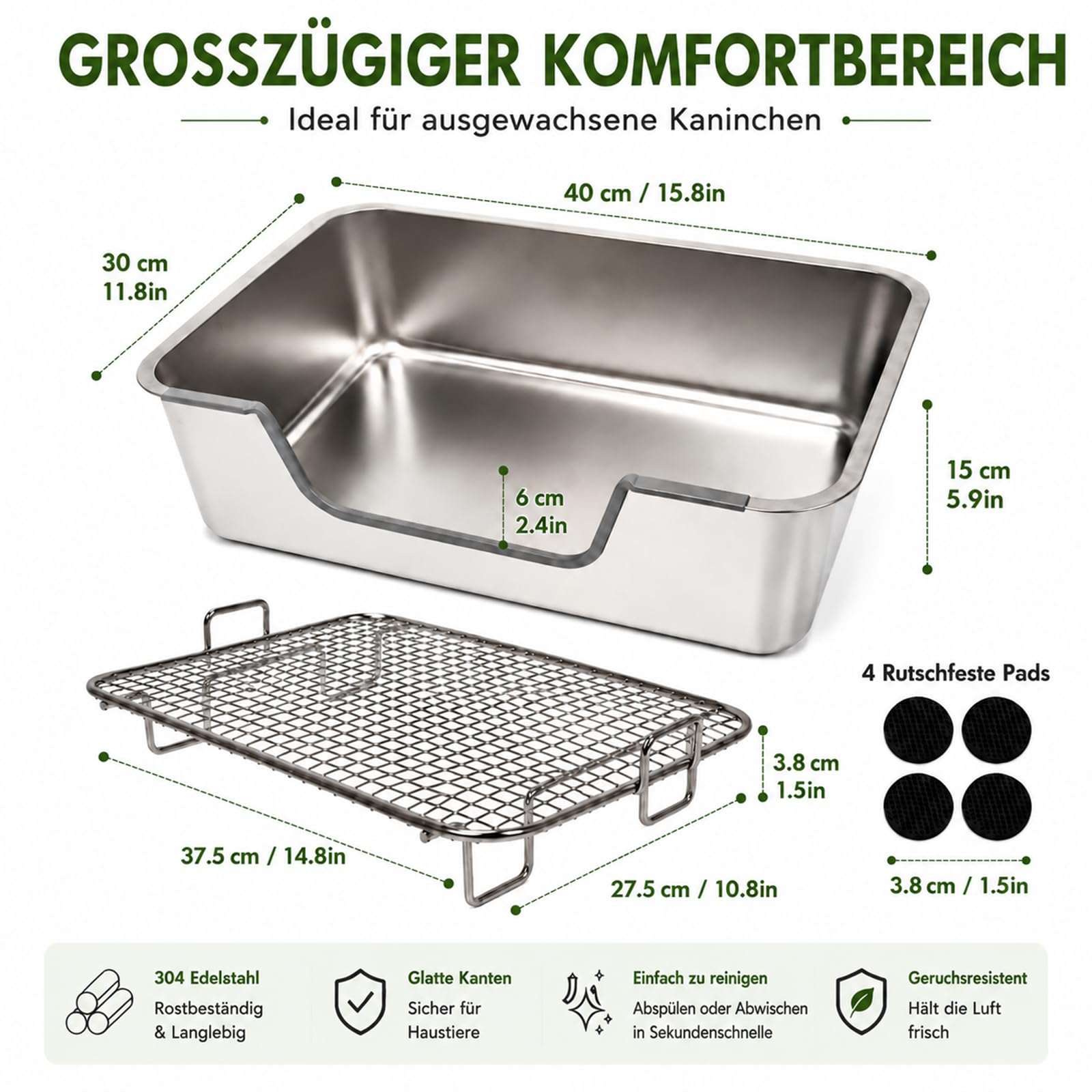 HYLYUN Edelstahl Kaninchen Toilette Große(40x30x15cm), Premium Nagertoilette mit Schutzgitter & Anti-Rutsch Füßen, Urinbeständig, Extrem Hygienisch, Ideal für 1 großes Kaninchen oder 2 Meerschweinchen