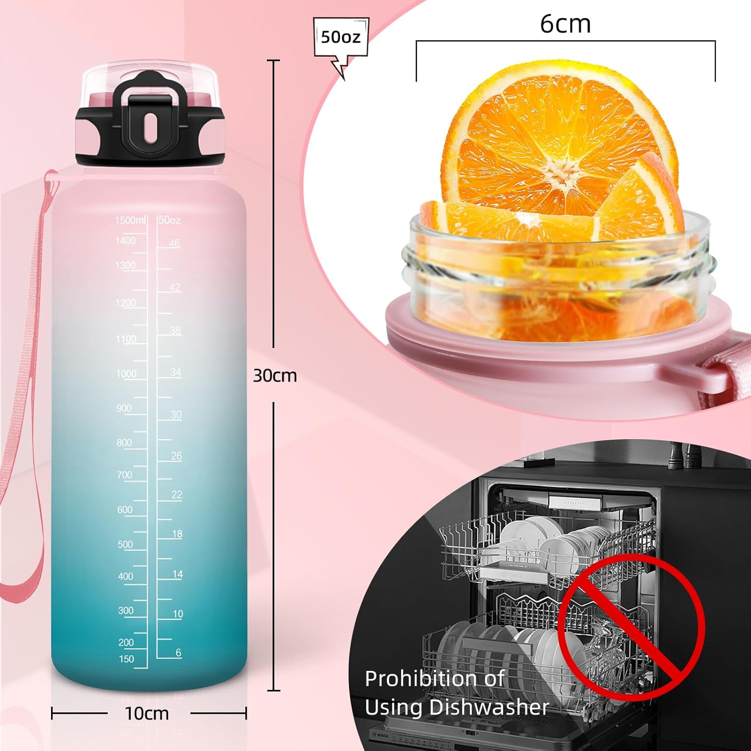 Sports Bottle, 1.5 L Leak-Proof, Graduated Water Bottle with Straw, Reusable Bottle with Time Marker, Weight Training, Easy to Clean, Bottle for Running, Hiking, Camping, Cycling