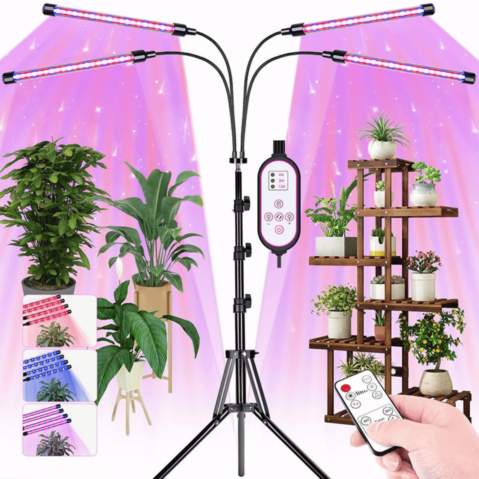 Lampe Horticole LED Avec Support, Lampe Horticole sur Pied à 4 Tubes, Filaire et Télécommandée, 80 LED, 10 Niveaux de Luminosité pour Plantes D'Intérieur (Version Avec Prise USB)