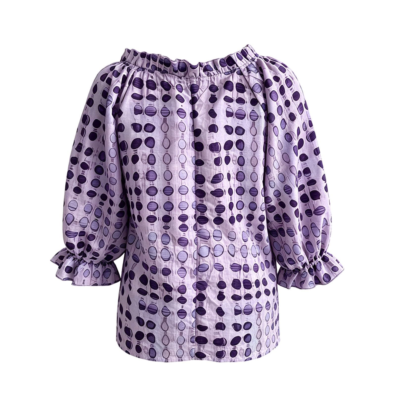 Générique Polka Dot Lace Up Blouse for Women,V Neck Abstract Print Drawstring Shirts | Summer Casual Loose Ruffle 3/4 Sleeve Flowy Tops with Adjustable Lace-Up