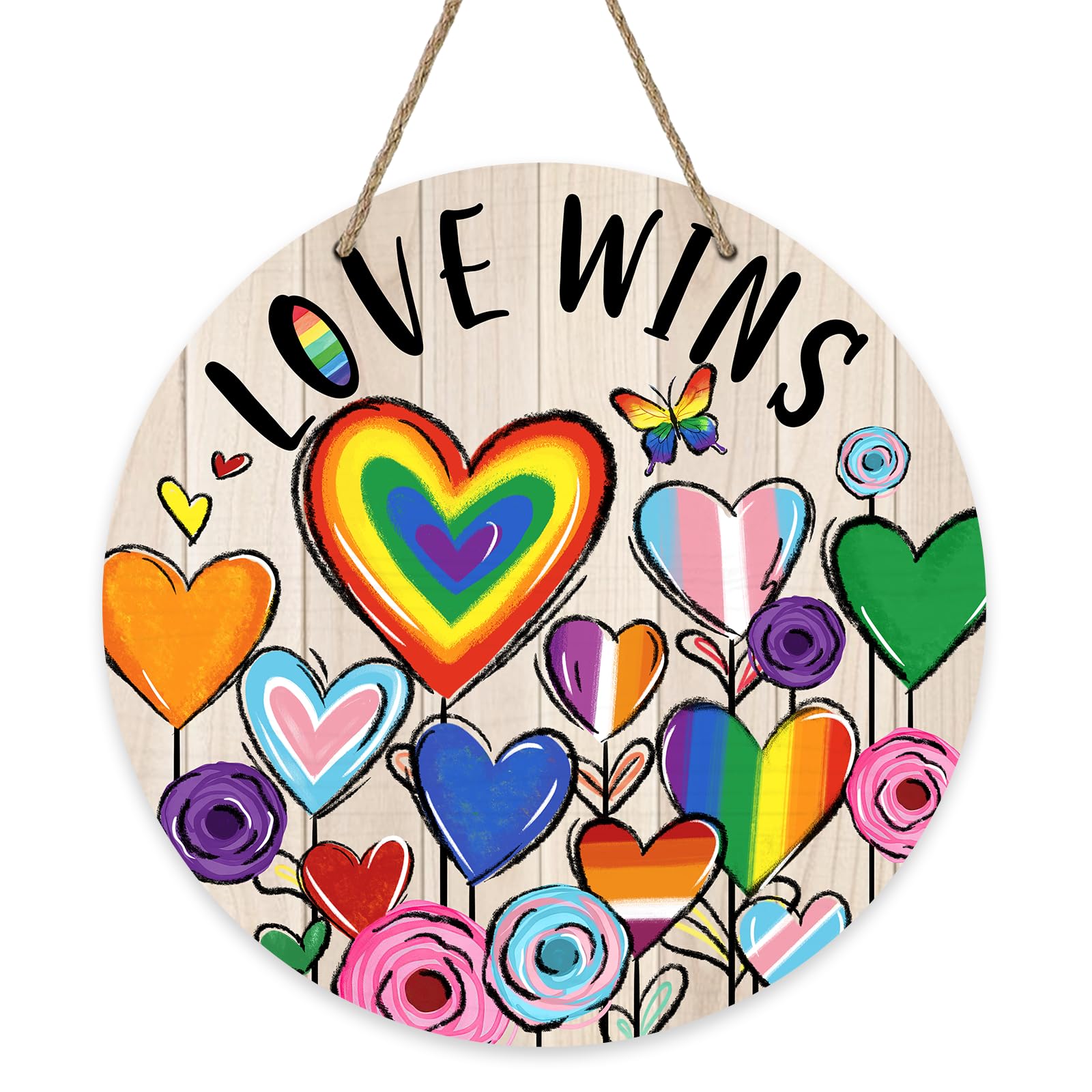 Bolisom Pride Love Wins Front Door Sign, Rainbow Hearts Flower LGBTQ Gay Lesbian Wood Door Hanger Outdoor Outside Porch Decor, LGBT Bisexual Pansexual