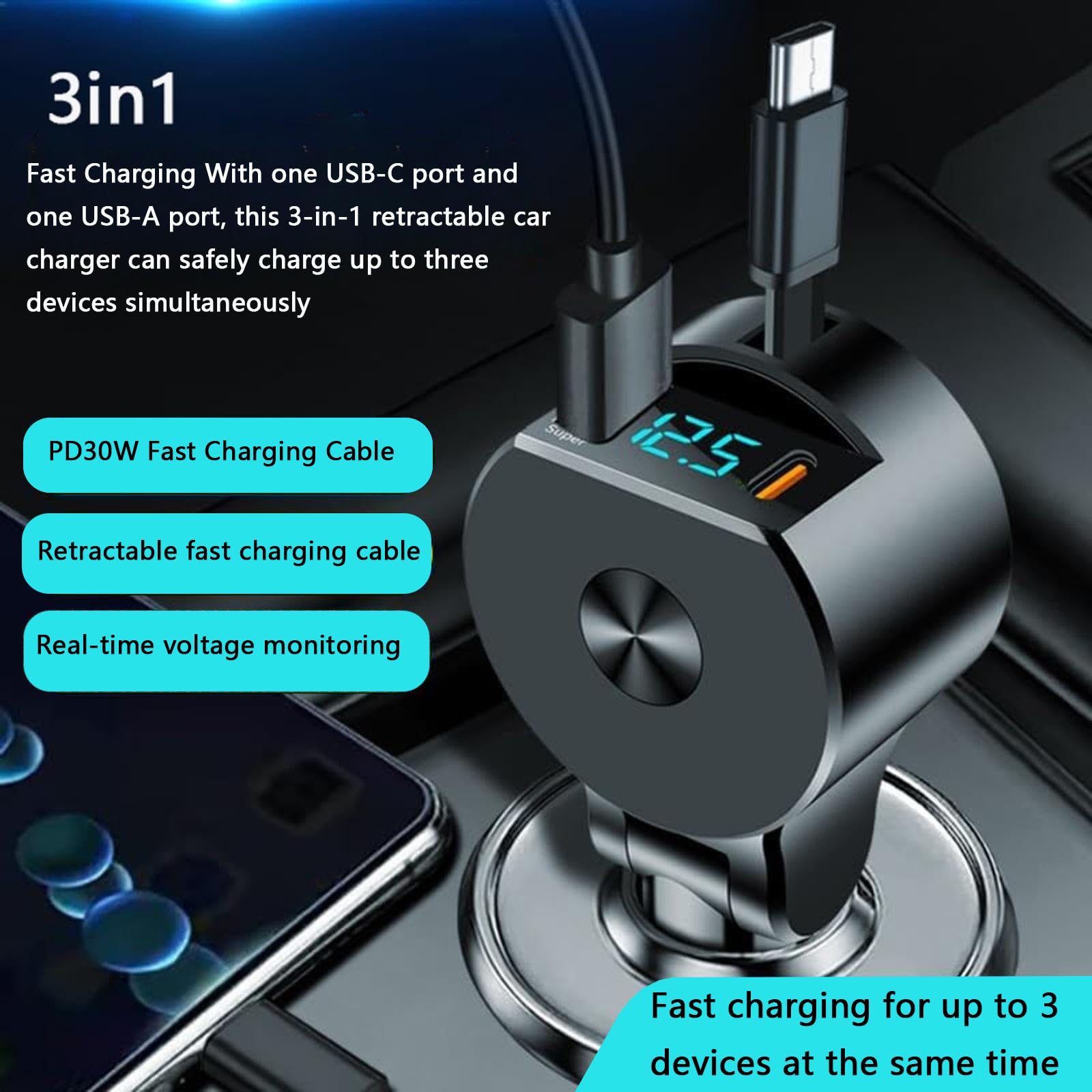 SNZ Caricatore Auto USB C 75W Retrattile, PD 3.0 Accessori Auto Interno, Adattatore accendisigari usb per auto,Gadget macchina fit iPhone 16 15 14 13 Pro Max Plus iPad Galaxy S25 S24 S23 Ultra