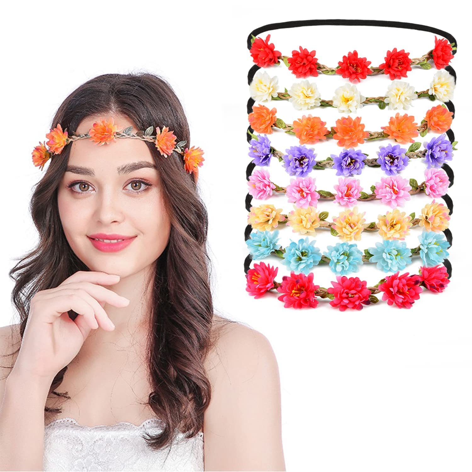 NALACAL Flower Crown, Daisy Garland Headband, Hair Wreath Floral, Headpiece with Adjustable Elastic Ribbon, for Wedding Festival Party, Wedding Bridal, 8pcs