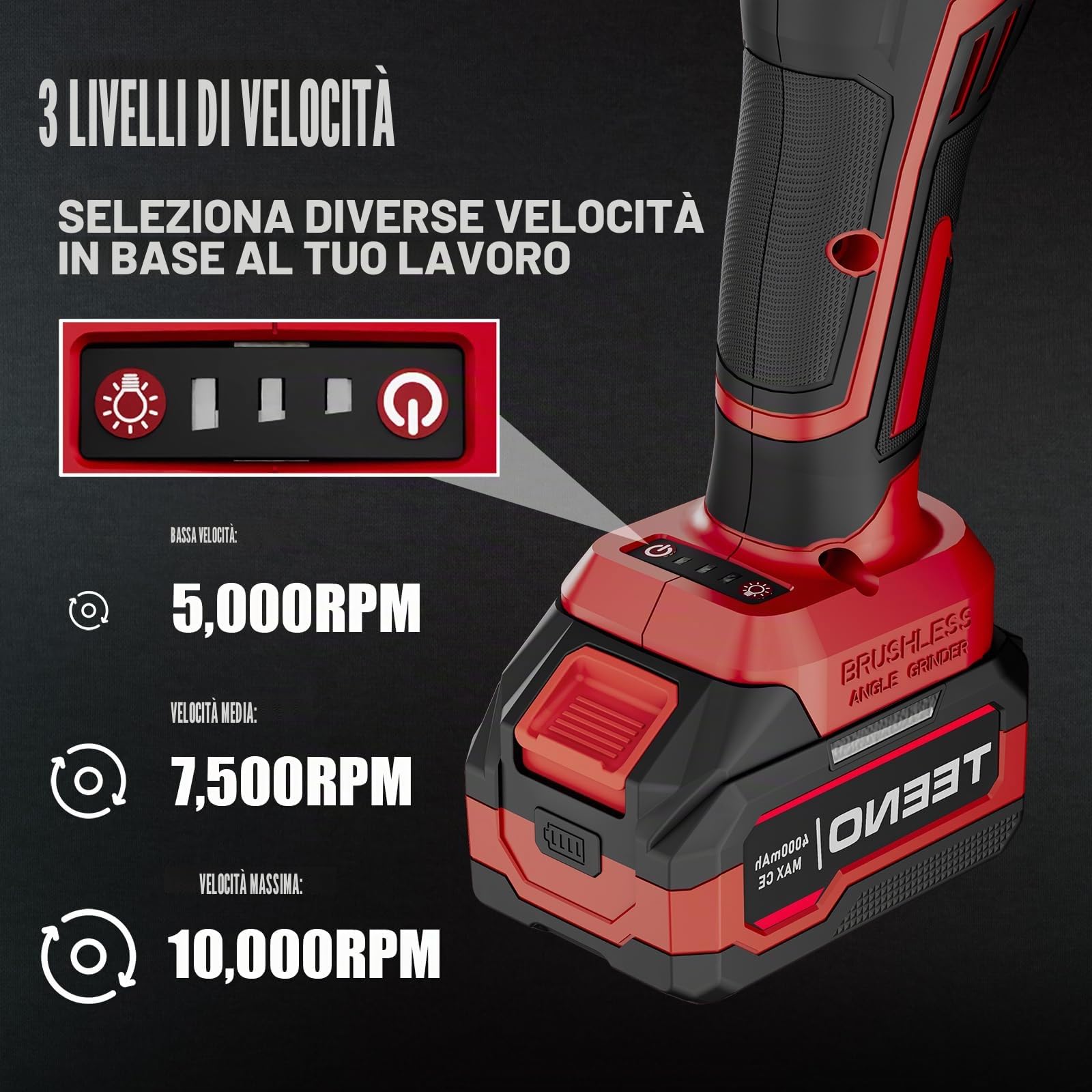 TEENO-Smerigliatrice angolare wireless brushless 21V 1000W 9100giri/min | disco taglio 125mm+disco dentato-adatta metallo legno lana roccia-ideale smerigliatrice a batteria