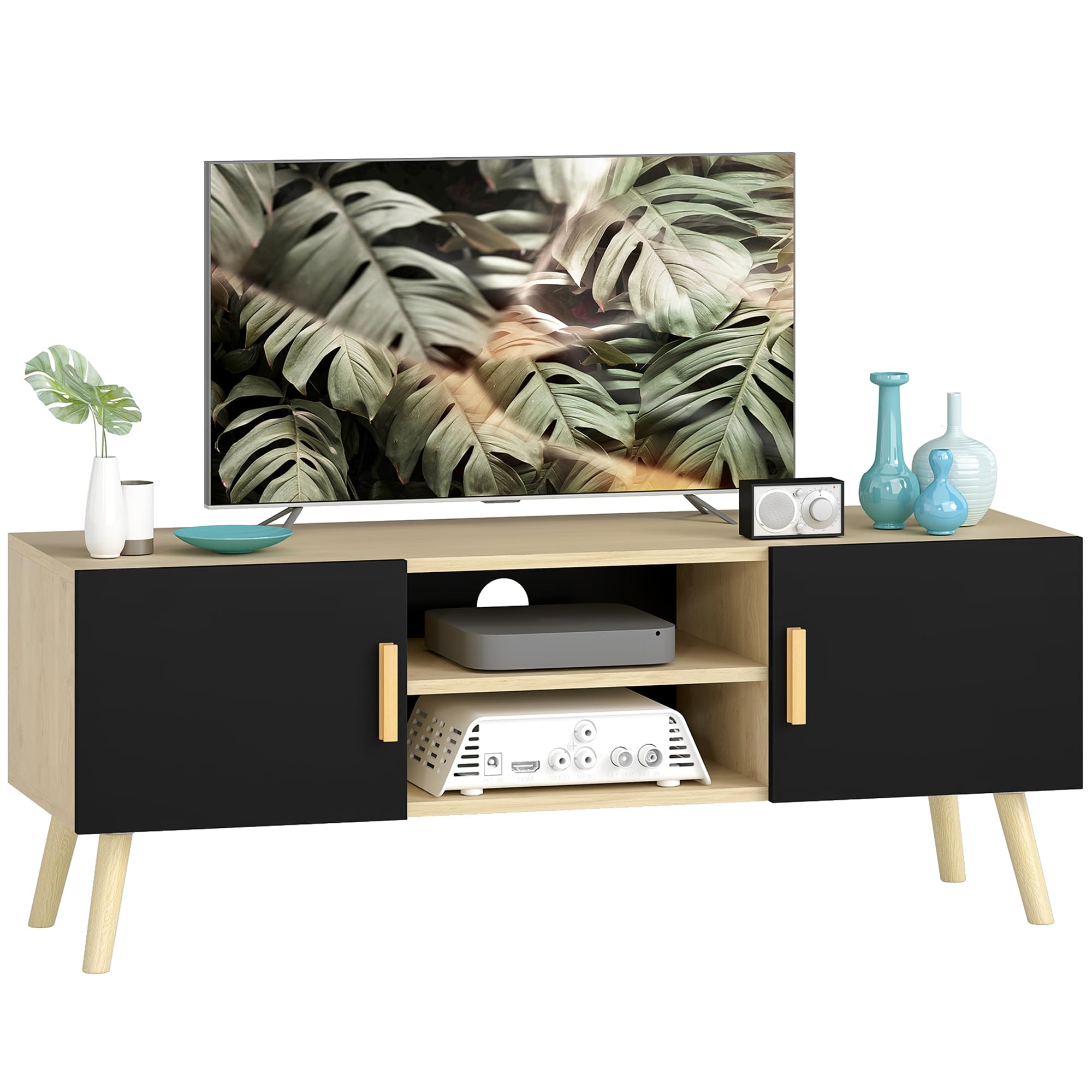 HOMCOM Meuble TV Meuble télé Bois Banc TV jusqu'à 50 Pouces avec étagères, 2 placards et Passe-câbles pour Salon, Chambre à Coucher, 110 x 36,2 x 42 cm, chêne et Noir