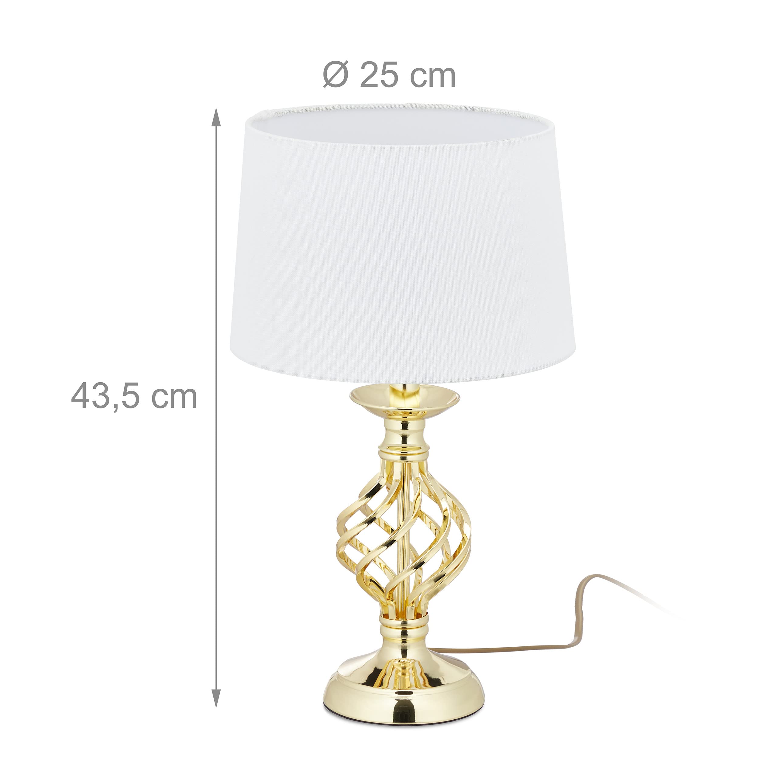 Relaxdays Tischlampe modern, Nachttischlampe Touch, 3 Stufen dimmbar, E14 Tischleuchte edel, HxD 43,5 x 25 cm, gold/weiß