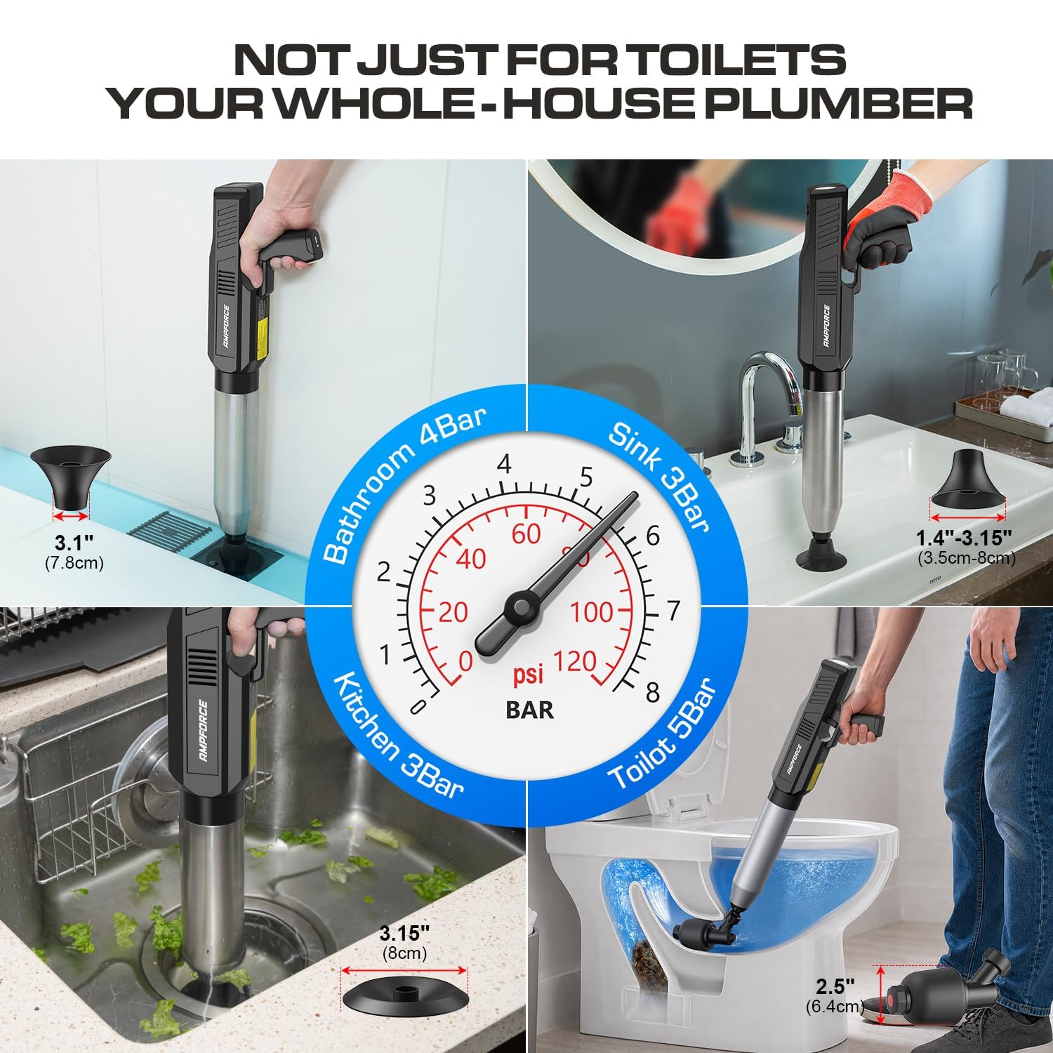 Sturalavandini Elettrico ad Aria Compressa, Stura Scarichi Professionale 1-8 BAR, Pompa a Pressione per WC, Lavandino, Doccia e Tubature, con Testa Antischiasso 120° - Nero Inchiostro