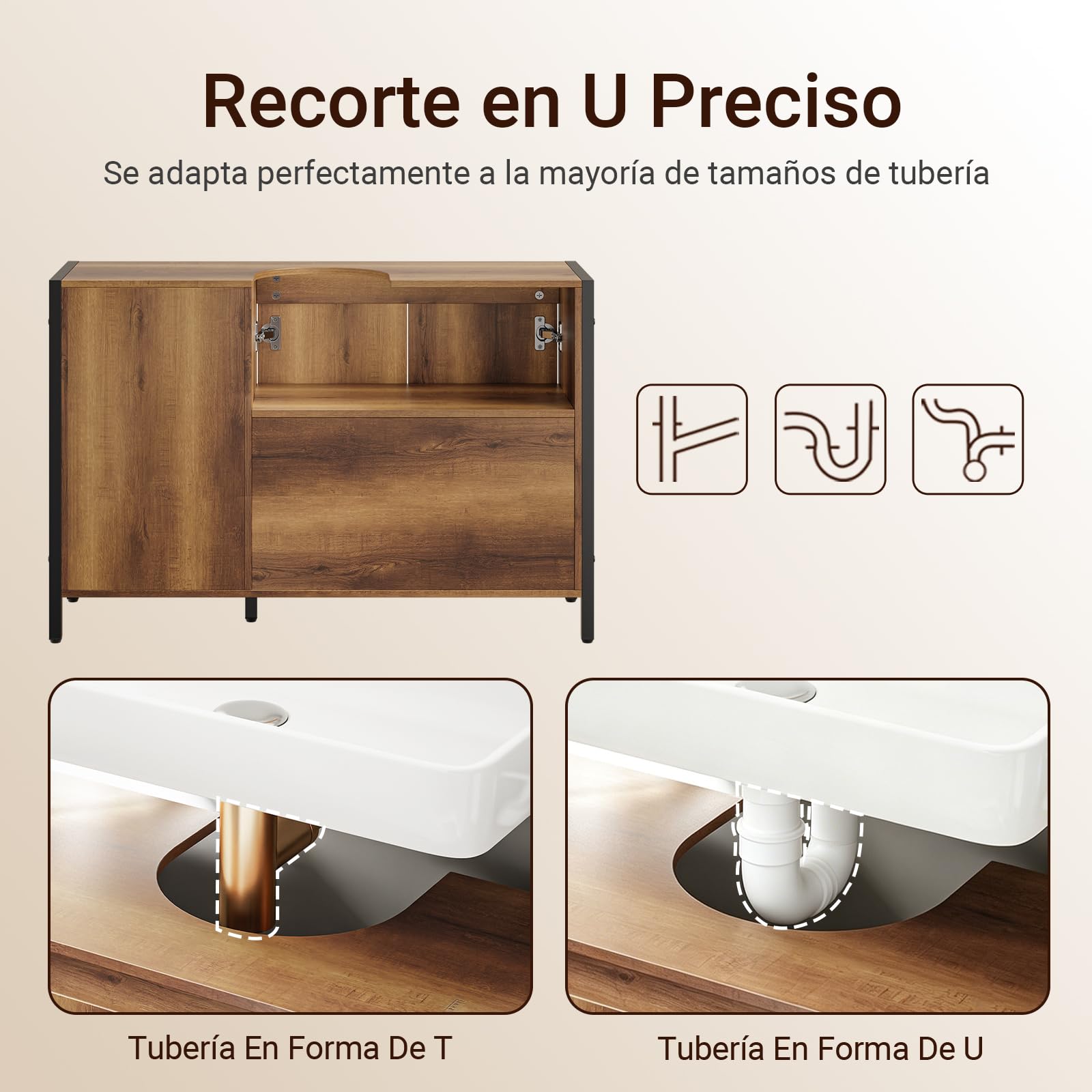 SoBuy Mueble Bajo Lavabo 90cm con Corte para Sifón para Baño | Muebles para Lavabo con Puertas y Estantes Abiertos, Armario Baño Auxiliar Estilo Industrial Madera y Metal BZR63-L-PF