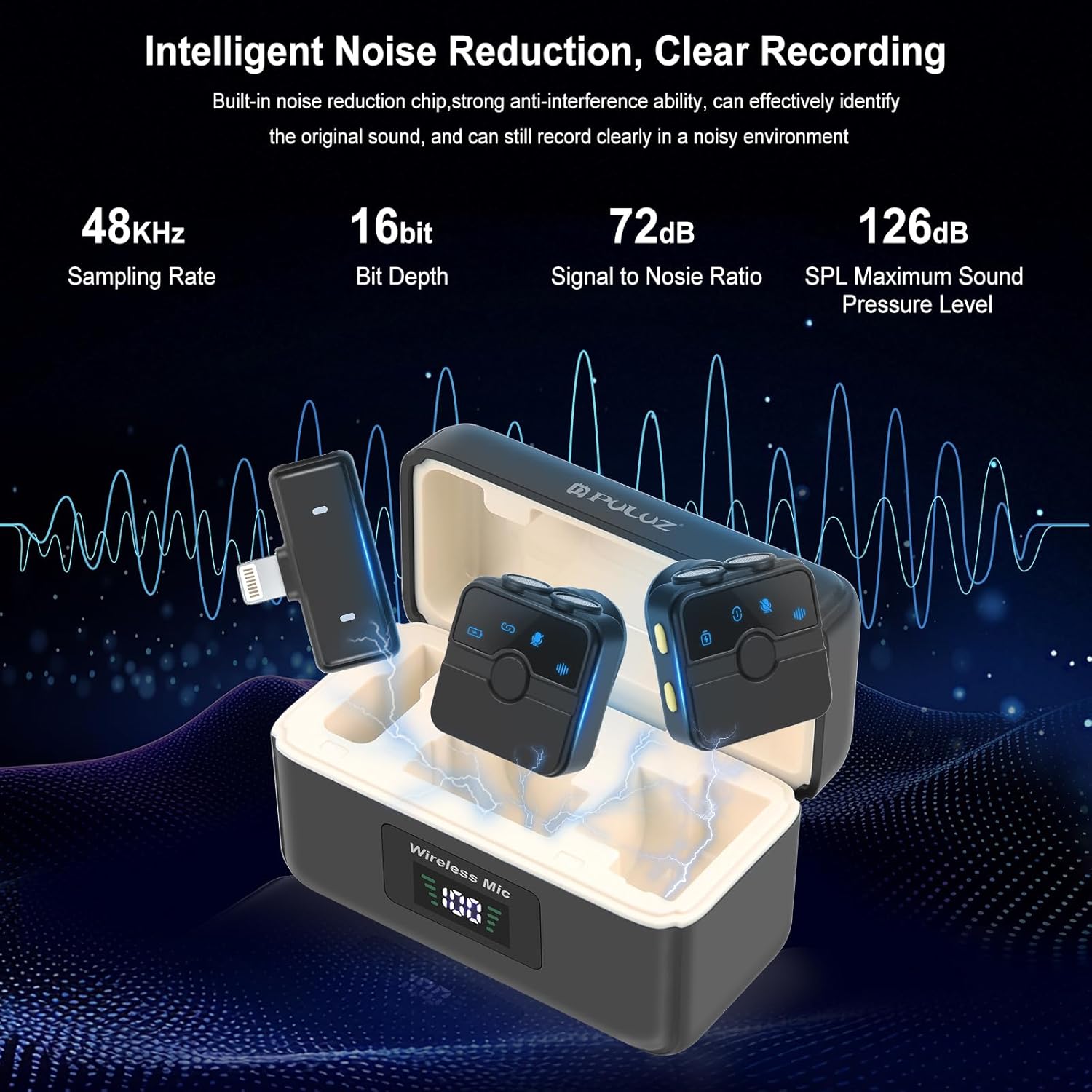 PULUZ Wireless Lavalier Microphone for iPhone/iPad (Lightning Port), Magnetic Clip Mini Microphone with Charging Case, Noise Canceling, 48khz Recording, Clip on Lapel Mic for Video Recording Vlog