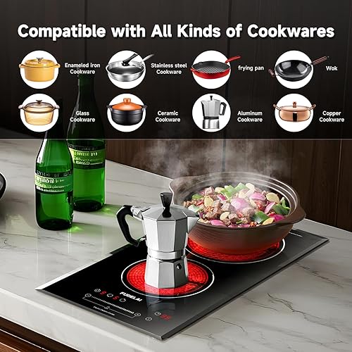 Miniatura 3 de Placa eléctrica de 2 quemadores, placa de cerámica de 3200 W 240 V con 9 niveles de potencia, control táctil, bloqueo de seguridad automático,