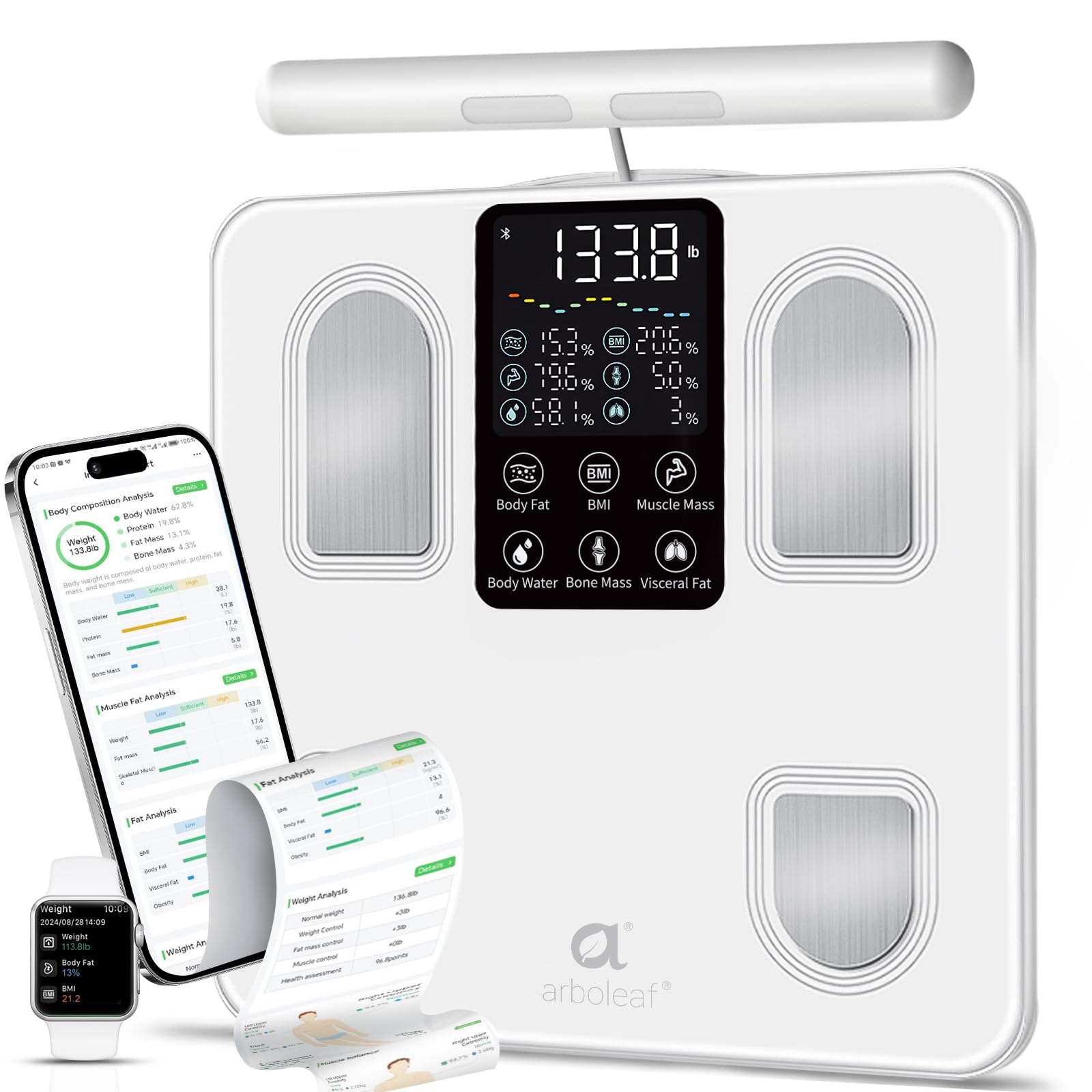 arboleaf Scale for Body Weight, Smart Scale with BMI, Body Fat, Muscle Mass, 26 Metrics Full Body Composition Analyzer, 8-Electrode High Precision Digital Bathroom Scale, Bluetooth Sync
