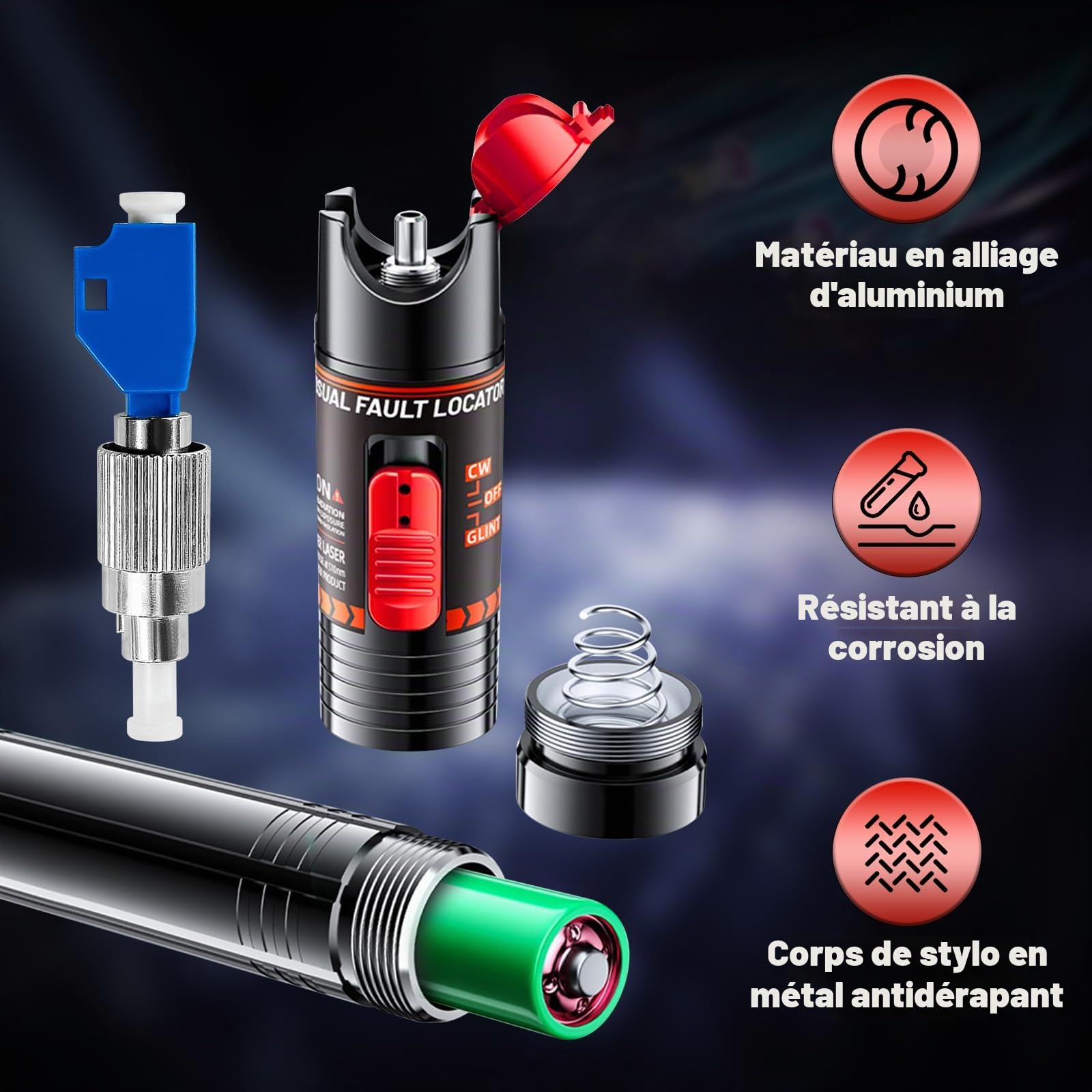 100 mW Localisateur de Défaut Visuel Testeur de Stylo de test de câble optique rechargeable de 2,5 mm FC/SC/SF, adaptateur FC mâle vers LC femelle, 100–120km VFL, stylo à lumière rouge