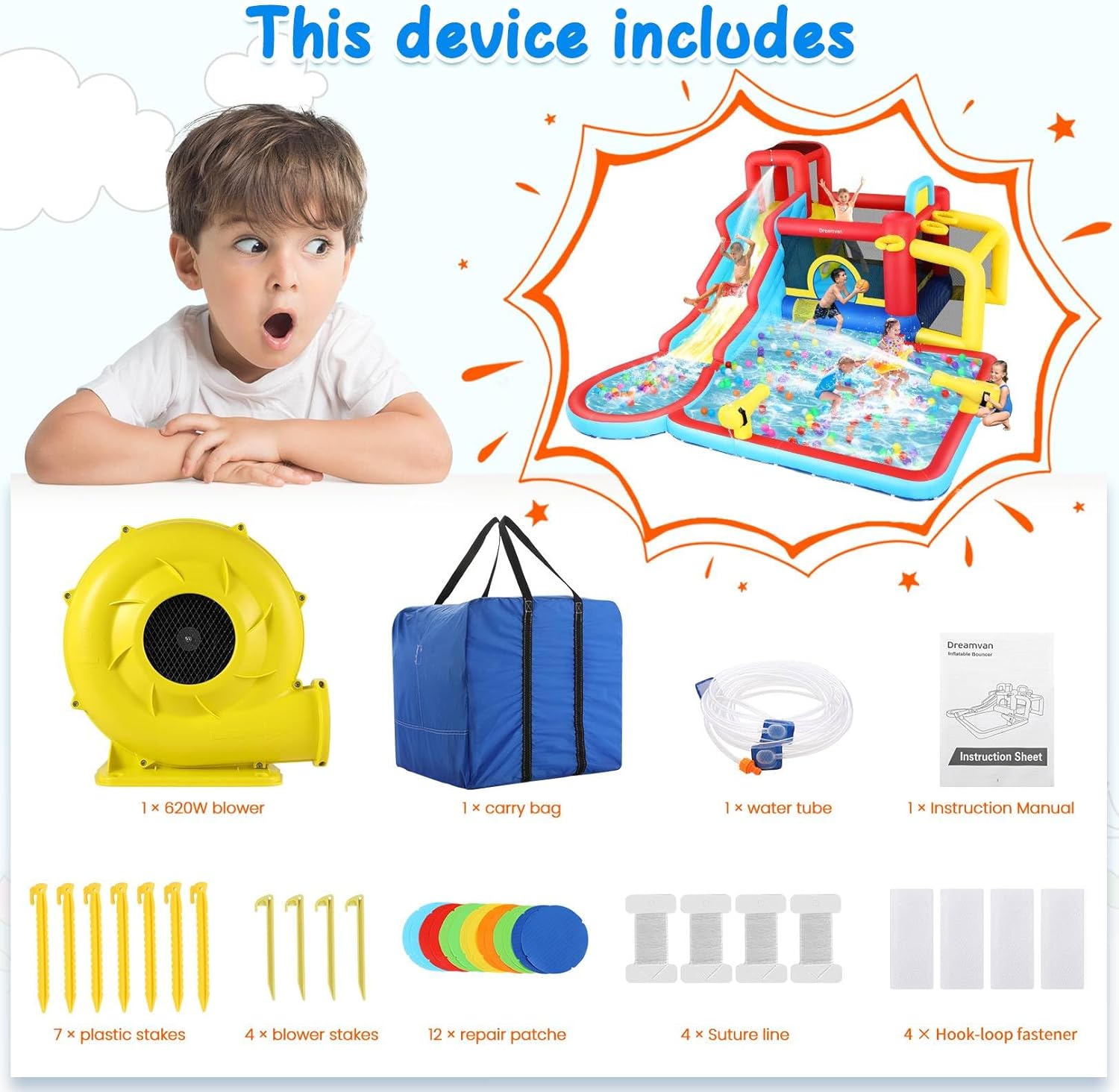 Water Slide Bounce House with Blower, Kids Inflatable Water Slide Park Indoor Outdoor Fun Wet Dry Combo Bouncy House Castle w/Splash Pool, Climbing Wall, Cannon, Basketball Hoop, Football Gate