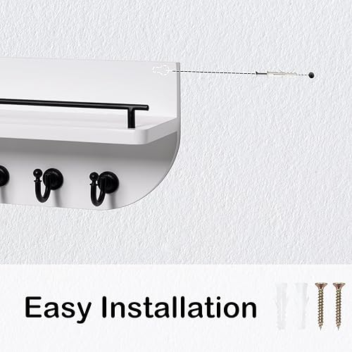 Miniatura 6 de Soporte para llaves de pared, organizador decorativo de llaves y correo con 6 ganchos de metal resistentes y estante flotante, estante de madera de