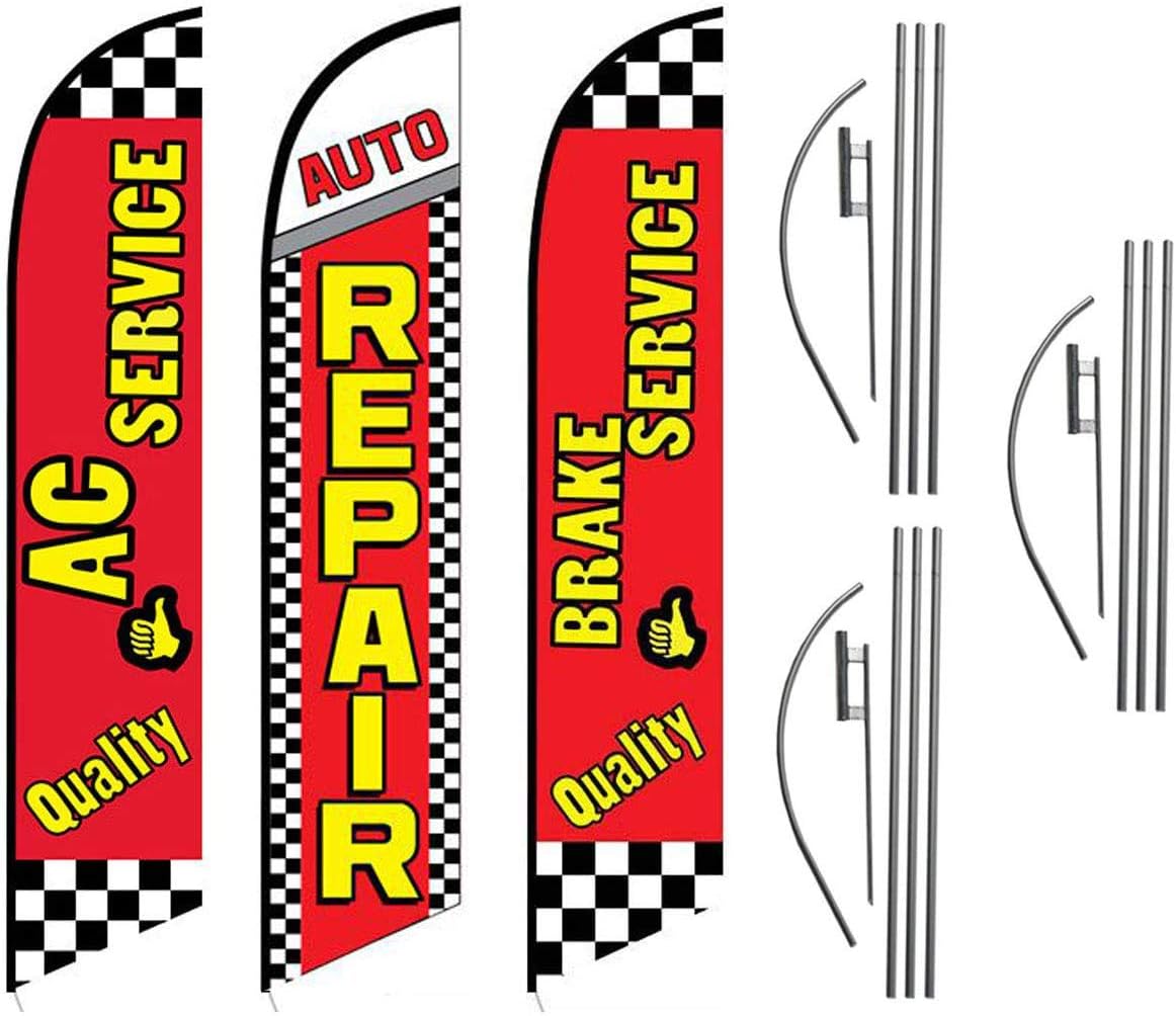 Auto Repair Shop Promotional Package of Four Feather Flag Kits Set, Comes with Four Telescopic Aluminum Pole Kits and Ground Stakes