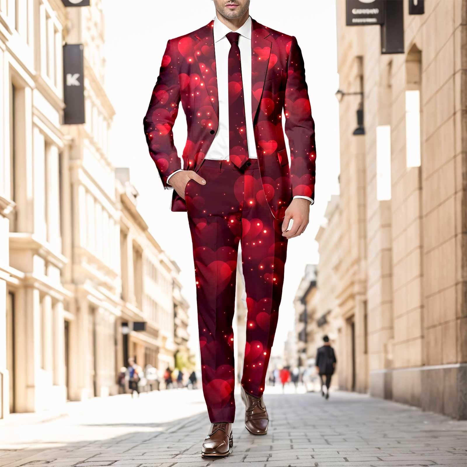 Herren-Valentinstag Anzug mit Herz-Print Drucken Anzüge Rot Smoking Herrenanzug Party Kostüm Herren Blazer für Männer Herz/Love Druck Blazer Elegante Slim Fit für Valentinstag Party Outfits