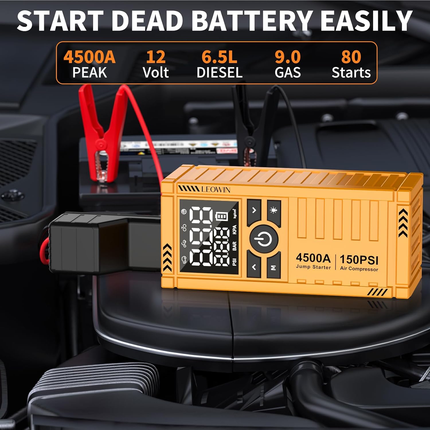 Jump Starter with Air Compressor, Battery Jumper Starter Portable(9.0 Gas/6.5L Diesel) with Tire Inflator, 12V Car Battery Jump Starter with Smart Jumper Cables, LED Light, LCD Display - Image 3