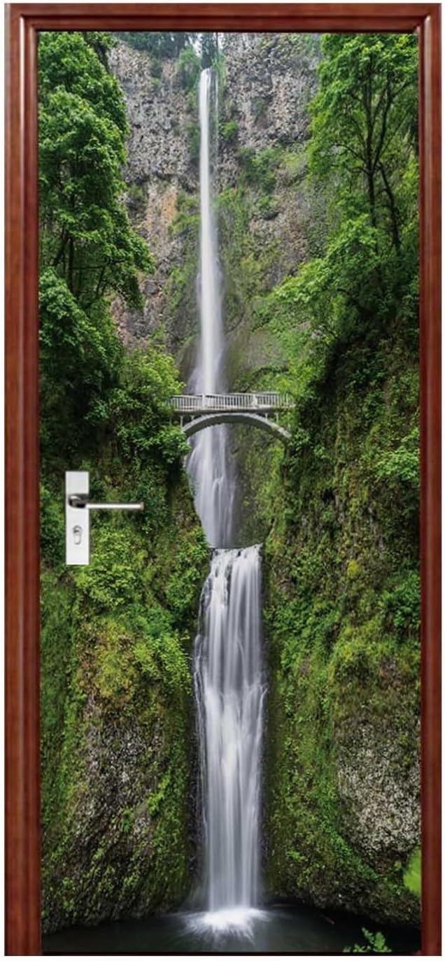 A.Monamour 3D Door Stickers for Interior Doors Waterfall in Green Mountains with Bridge Nature Scenery Vinyl Waterproof Self Adhesive Door Mural Decals for Bedroom Office Bathroom 77x200cm