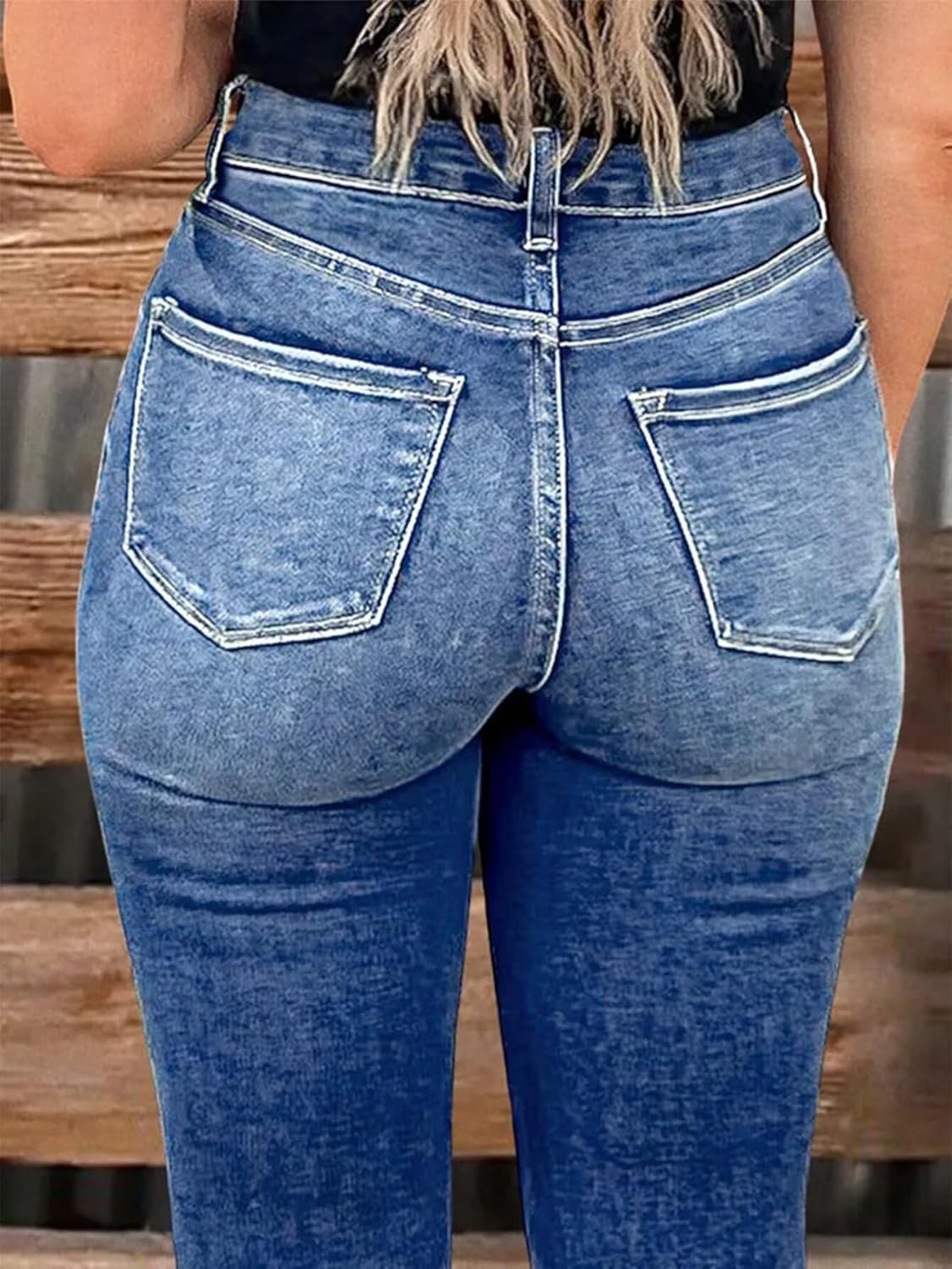 Flamingals High Waisted Bootcut Jeans for Women Frayed Hem Wash Stitch Detail Stretchy Butt Lifting Jeans - Image 5