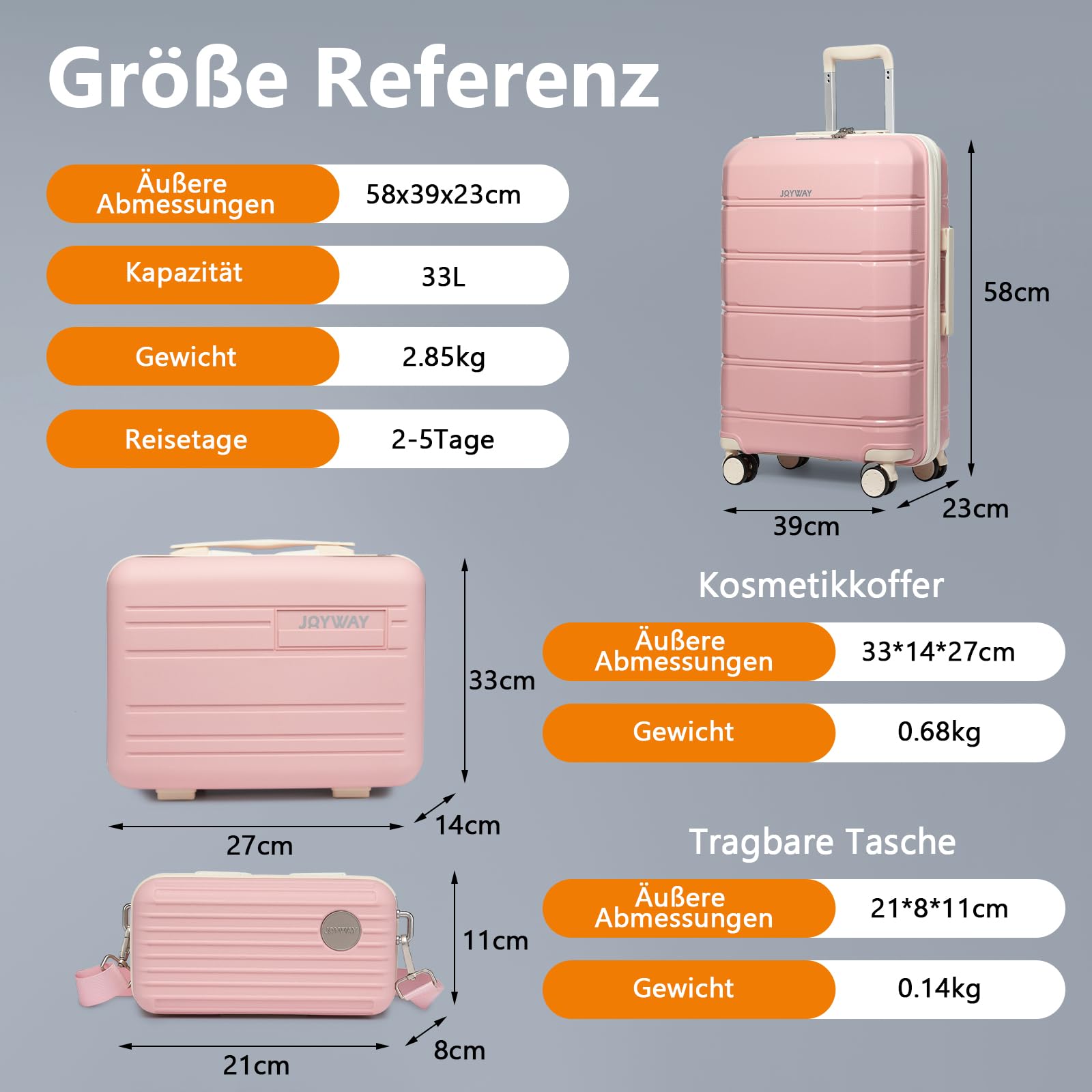 Joyway Set de Valises, 3 Pcs Ensemble de Valise Trolley Voyage, Ultra-légères Bagages de Cabine 20", avec Roues Multi-angles Spinner et Serrure TSA, Inclus 1 Trousse de Toilette et 1 Sac Bandoulière