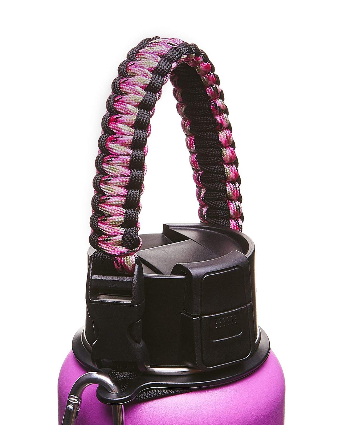 Best Hydro Flask Paracord Handle -WaterFit Paracord Carrier Survival Strap Cord with Safety Ring and Carabiner for Hydro Flask Nalgene CamelBak Wide Mouth Water Bottles 12oz - 64 oz Pink Camo/Black