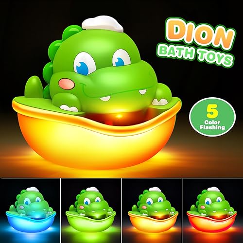Vista 2 de Juguetes de baño de dinosaurio para bebé, máquina de burbujas de baño con luz colorida para baño, ducha, juguetes de baño para niños de 1 a 3, 4 a 8