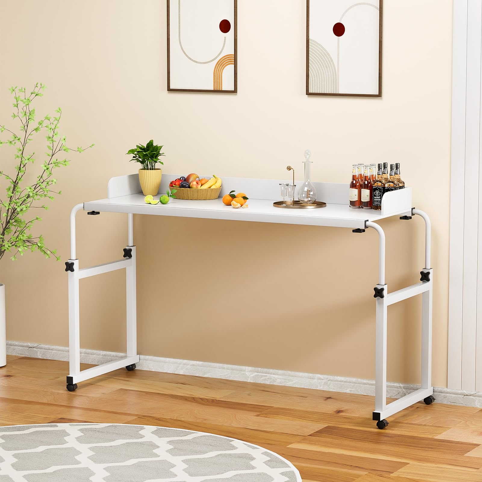 GizmoSynth Overbed Table with Wheels and Height Adjustable, Expandable Queen Size Bed Table with Adjustable Length, Mobile Laptop Cart Computer Desk