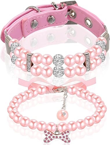 Miniatura 6 de Hicarer Juego de 2 collares de perlas para perro y collar de perlas para mascotas, collar de perlas de cuero para perro con diamantes de imitación