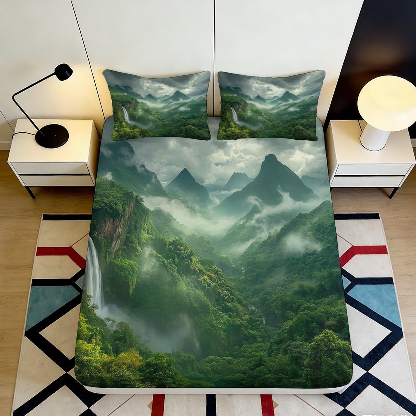 3D Printed Mountain Landscape Fitted Sheet Microfiber Soft Breathable Misty Forest Bed Cover for Bedroom Dormitory Guest Room Mattress Protection Decor 140x200x25cm