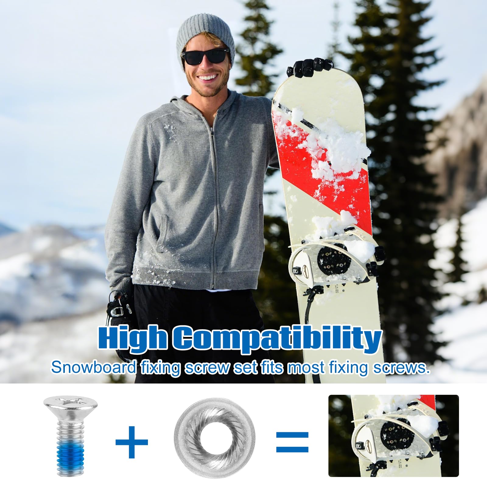 Set di 8 viti per attacchi snowboard, viti di fissaggio M6 in acciaio inossidabile con rondelle antiscivolo, viti per attacchi snowboard con cacciavite per ricambi snowboard sportivo