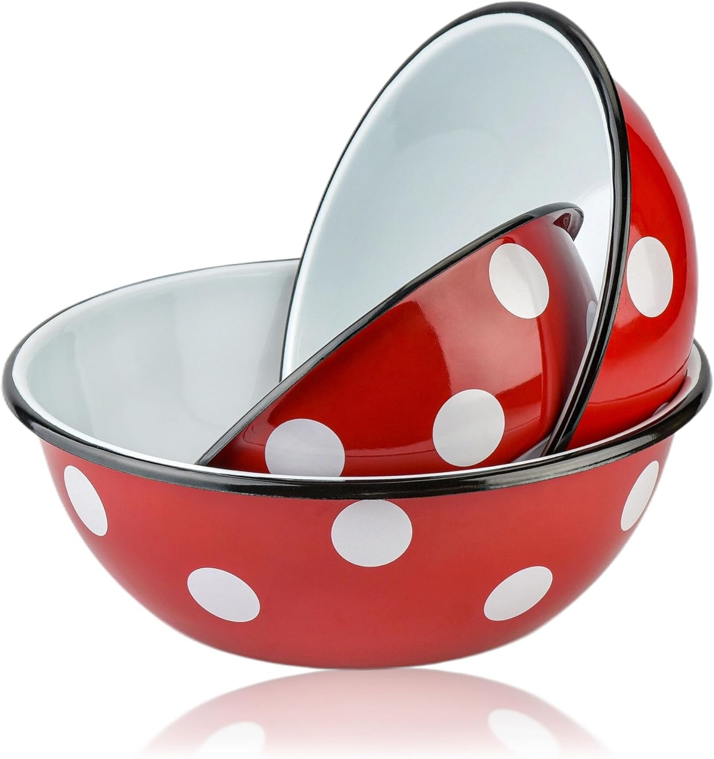 HOMEHUT Red White Polka-Dot Enamel Bowl Set of 3 - Durable Enamel Coated Steel Bowls, Hypoallergenic, Dishwasher Safe- Perfect for Kitchen & Serving - Suitable for All Type of Stove (1.5L + 2.5L + 4L)