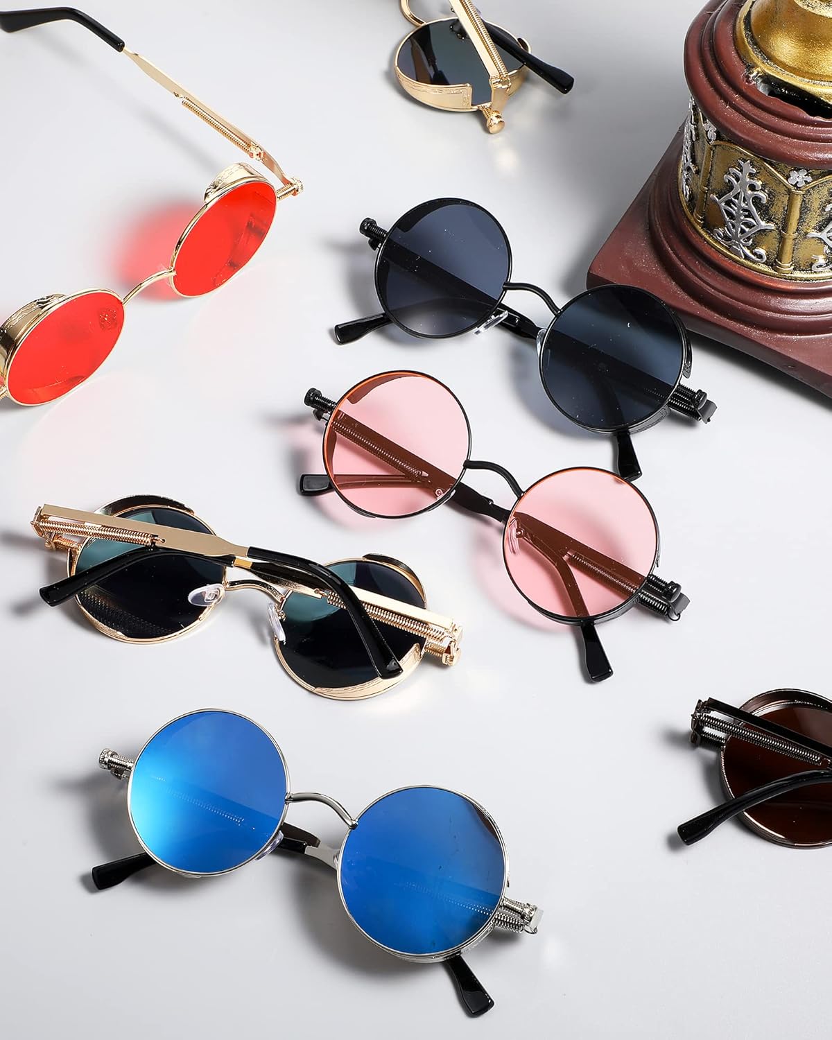 Coume 8 Pcs Retro Round Steampunk Sunglasses Gothic Sunglasses Hippy Glasses Circle Metal Frame Glasses for Men Women - Image 7