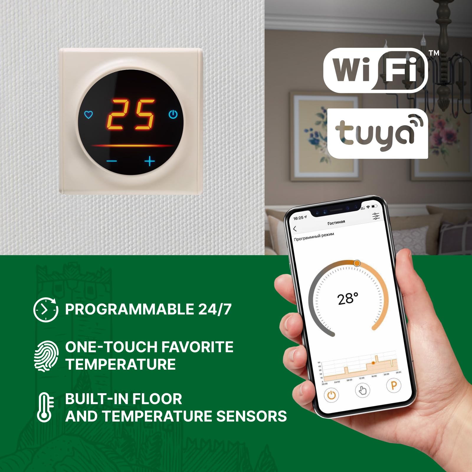 OneKeyElectro 25 designerski regulator temperatury z ekranem dotykowym Garda ze szklaną ramą, inteligentny termostat WiFi do elektronicznego ogrzewania podłogowego, kolor: beżowy, ramka: Florence - PC