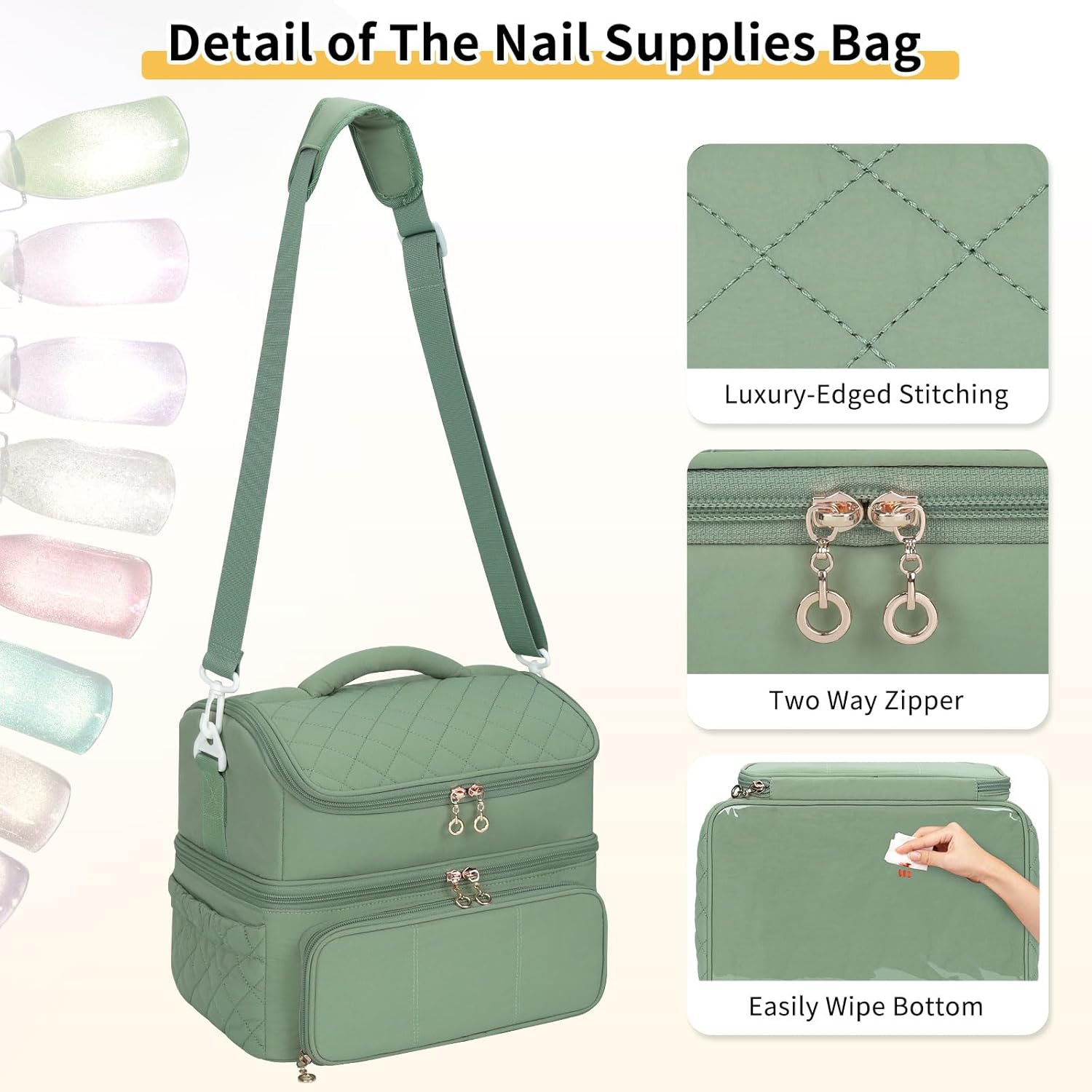 Nail Polish Organizer, Nail Organizers And Storage Bag Holds 48 Bottles & Full Size Nail Lamp, Double Layer Nail Tech Travel Case for Nail Supplies & Manicure Kit & Pedicure Tools (Green, 48 Slots)