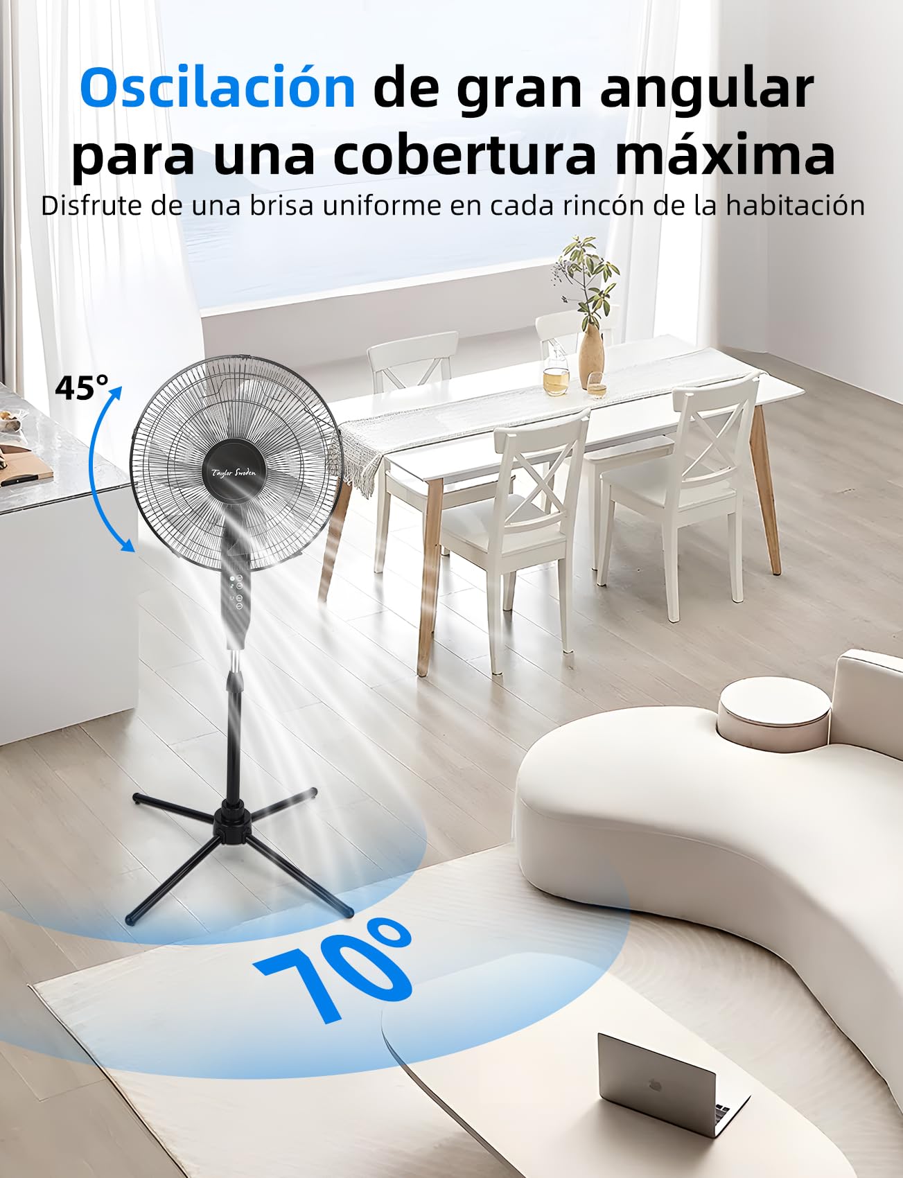 Taylor Swoden Ventilador de pie con Mando, 7 Aspas. Potente y Silencioso, pantalla LED, temporizador 9H, 3 velocidades y 3 modos (Normal/Natural/Sleep), Oscilación de 70°, altura regulable, Ø 43 cm
