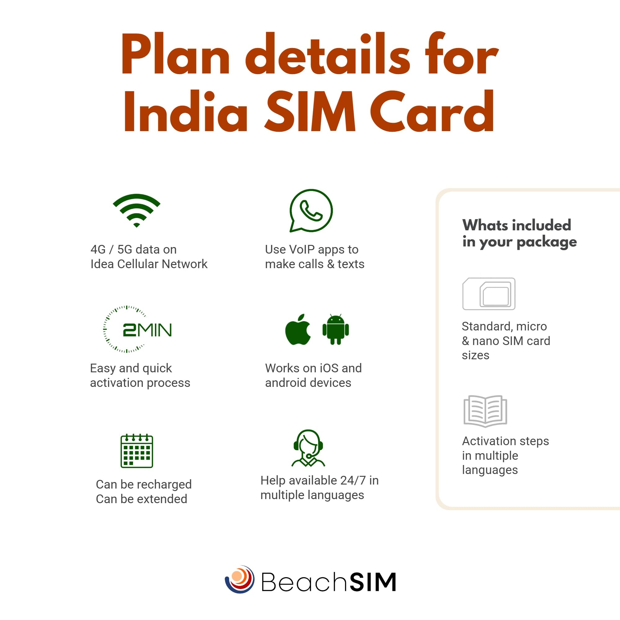 Tarjeta SIM India 30 dias. 5GB de Datos a velocidades 4G/5G. Solo SIM de Datos prepago. Activación rápida. Fácil Recarga. Funciona en Dispositivos iOS y Android.
