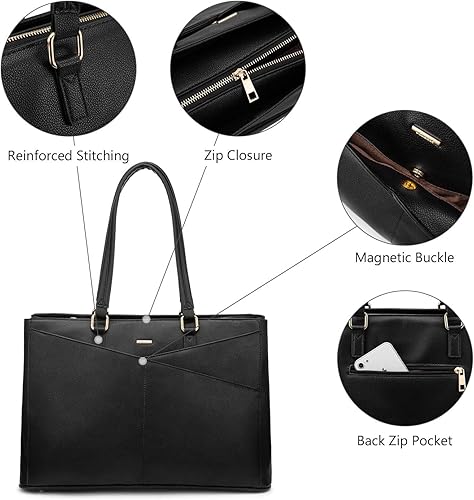 Miniatura 9 de LOVEVOOK Bolsa de mano para computadora portátil para mujer, bolsas de trabajo de cuero de 15.6 pulgadas con soporte grande para tazas para Negro