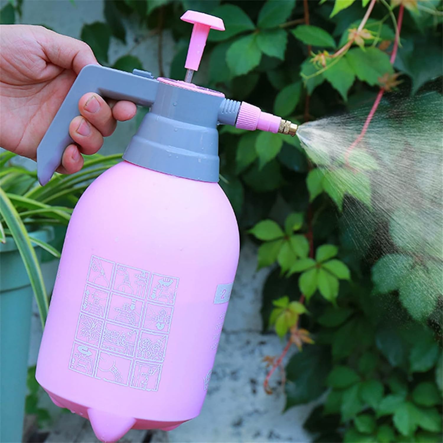 Farm and Field Hand Sprayer for Fertilizer, Hand Pump Sprayer, 2L Garden Sprayer, Pressure Weeding Sprayer, Handheld Pump misting, Adjust Nozzle(Pink)