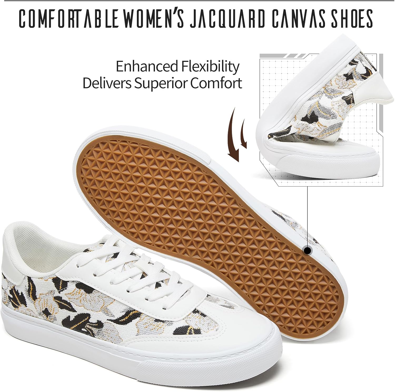 Adokoo White Sneakers for Women PU Leather & Jacquard Canvas Tennis Shoes Low Top Casual Lace Up Walking Shoes