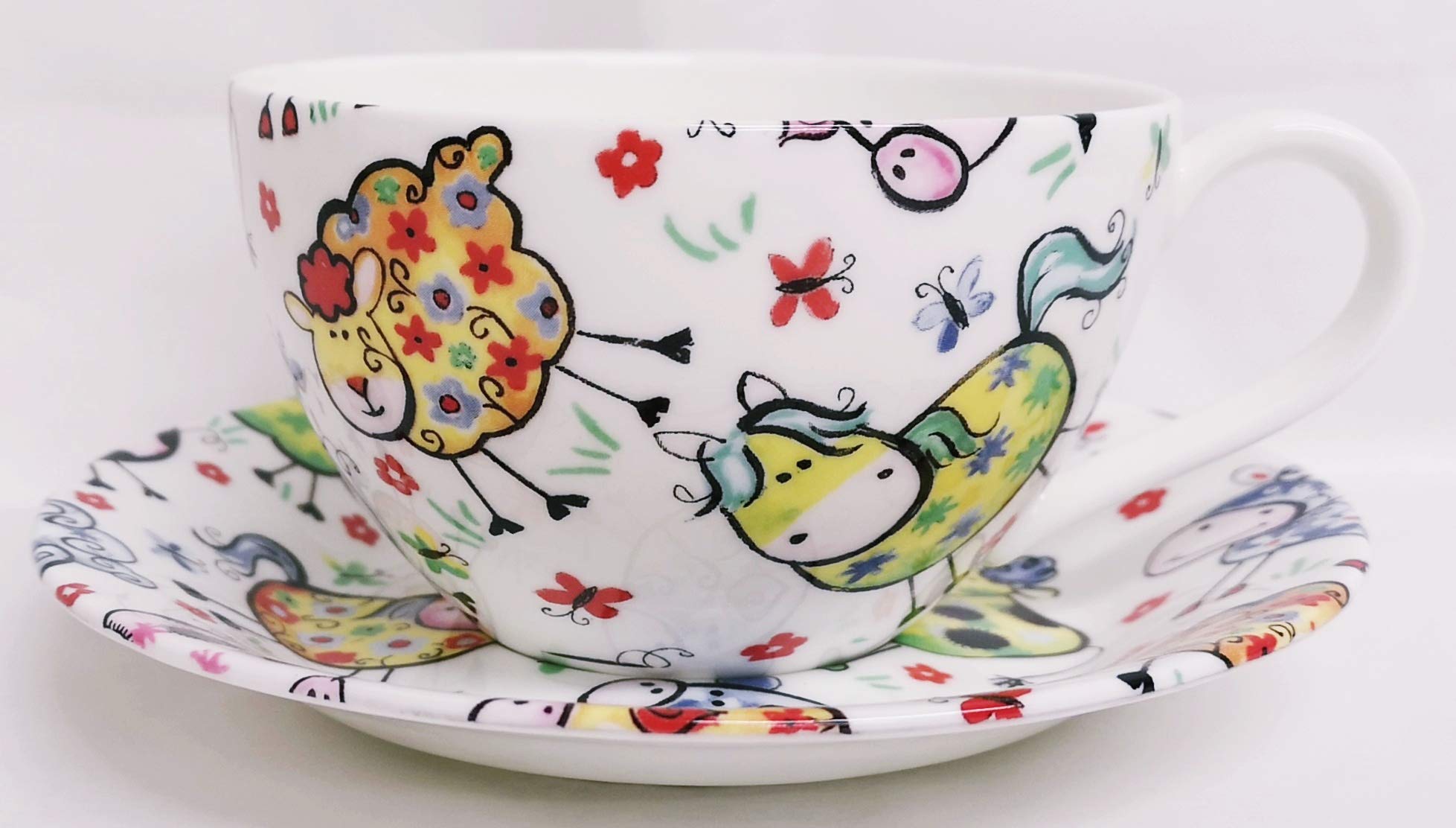Crazy Farm Animals Cappuccino Cup & Saucer Fine Bone China Large Colourful Animals Cup & Saucer Hand Decorated in UK