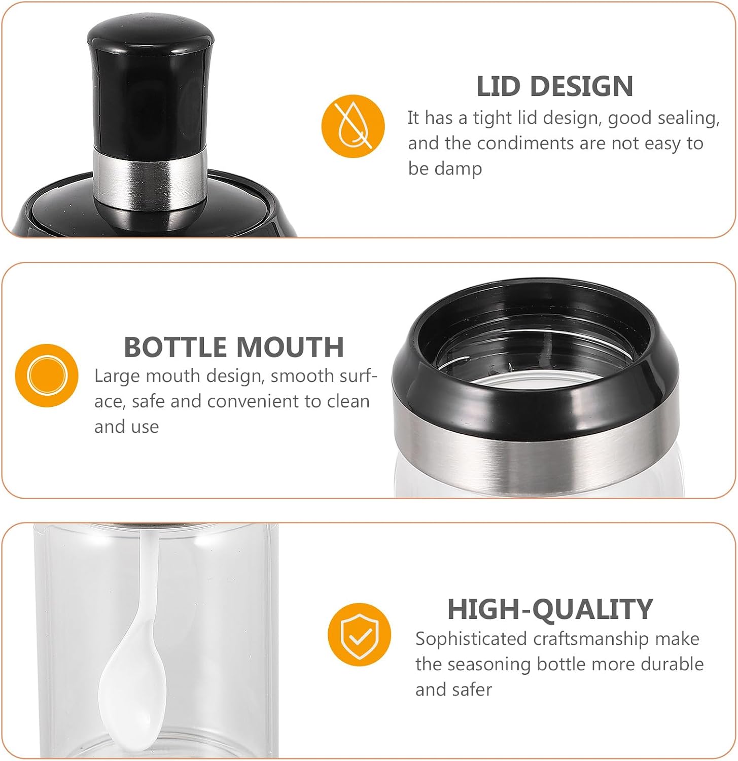 Glass Seasoning Jar with Spoon and Lid, Airtight Glass Spice Container for Oil and Sugar Storage, Useful Kitchen Condiment Holder for Cooking and Barbecue