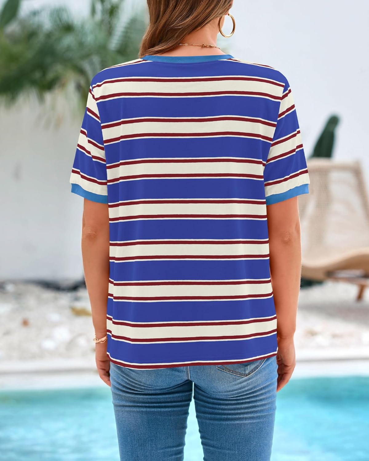 BTFBM Summer Tops for Women 2026 Crewneck Short Sleeve Striped T Shirts Casual Spring Clothes Color Block Basic Tee Blouses - Image 3